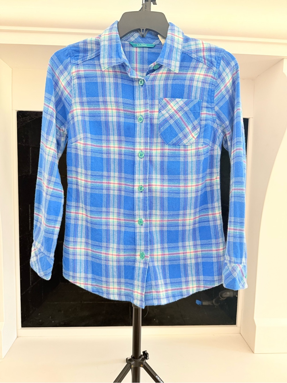 L.L. Bean Girls Blue Plaid Button-Down Flannel Shirt- Girls M 10-12